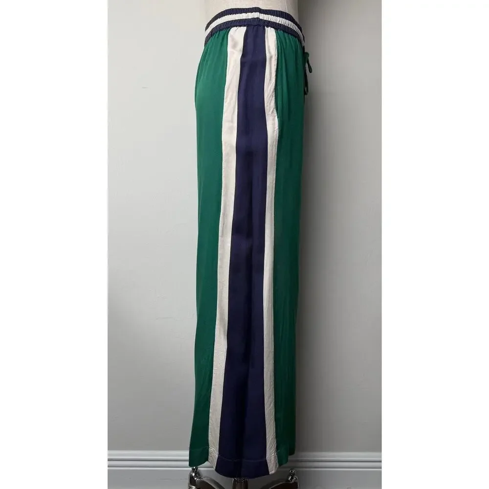 Farm Rio x Anthropologie Green Navy Wide Leg Track Pants Striped Drawstring S - Picture 14 of 16